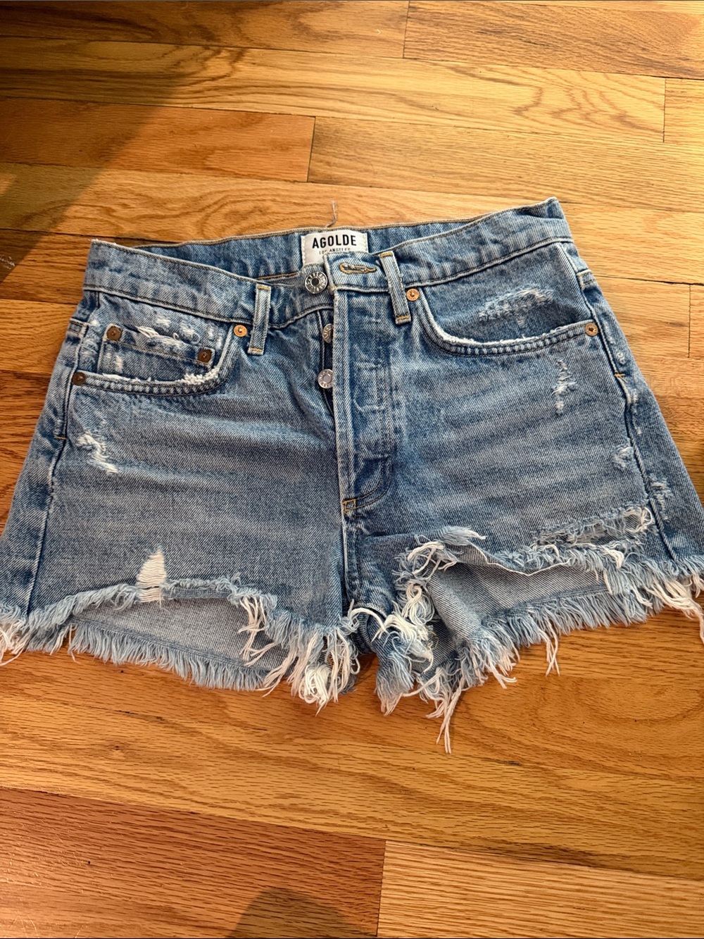 Agolde Distressed Light Blue Denim Cutoff Shorts